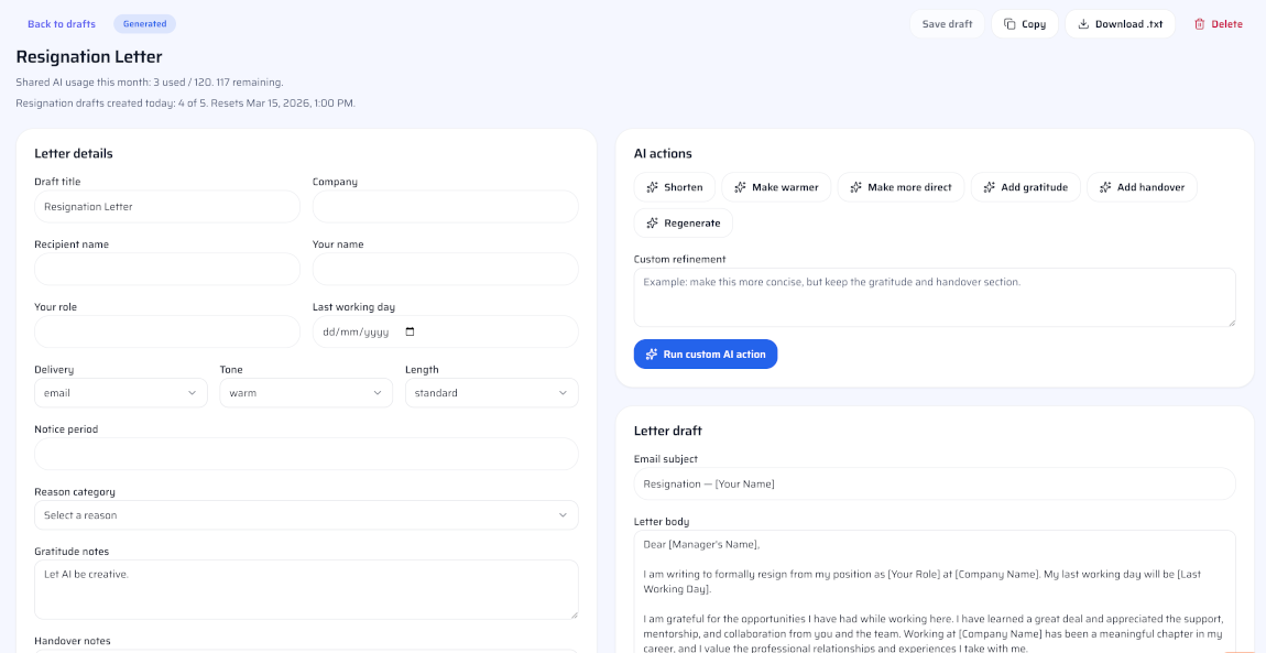 AI Resignation Letter workspace preview