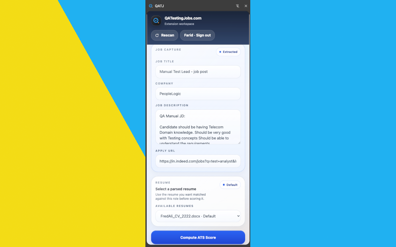 QATJ - Job Scanner opened on an external job page